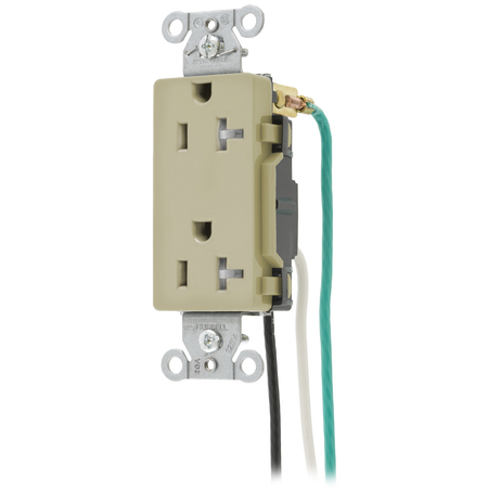 HUBBELL WIRING DEVICE-KELLEMS Straight Blade Devices, Receptacles, Tamper-Resistant Duplex, Decorator/Commercial/Industrial Grade, 20A 125V, 5-20R, Pre-Wired 8" Solid Leads DR20ITRP1